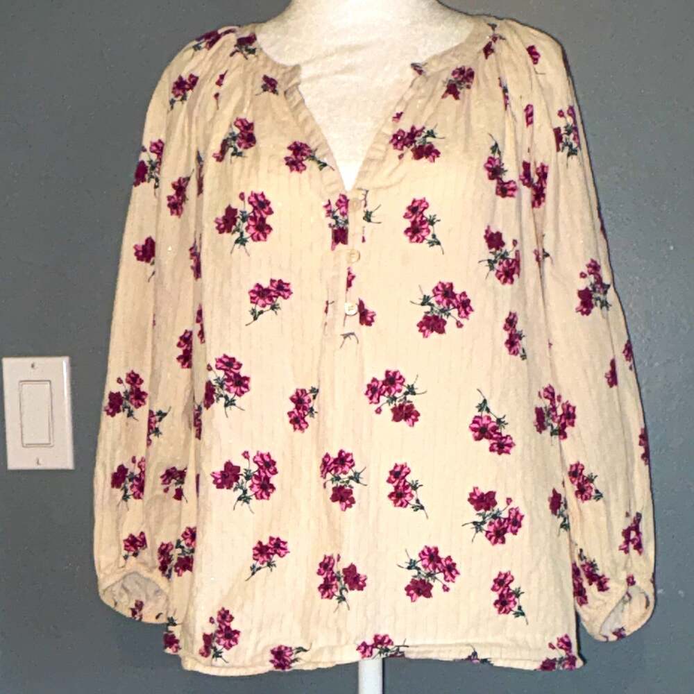 Style&Co. XS Floral V-Neck 98% Cotton boho Blouse peasant Sleeve